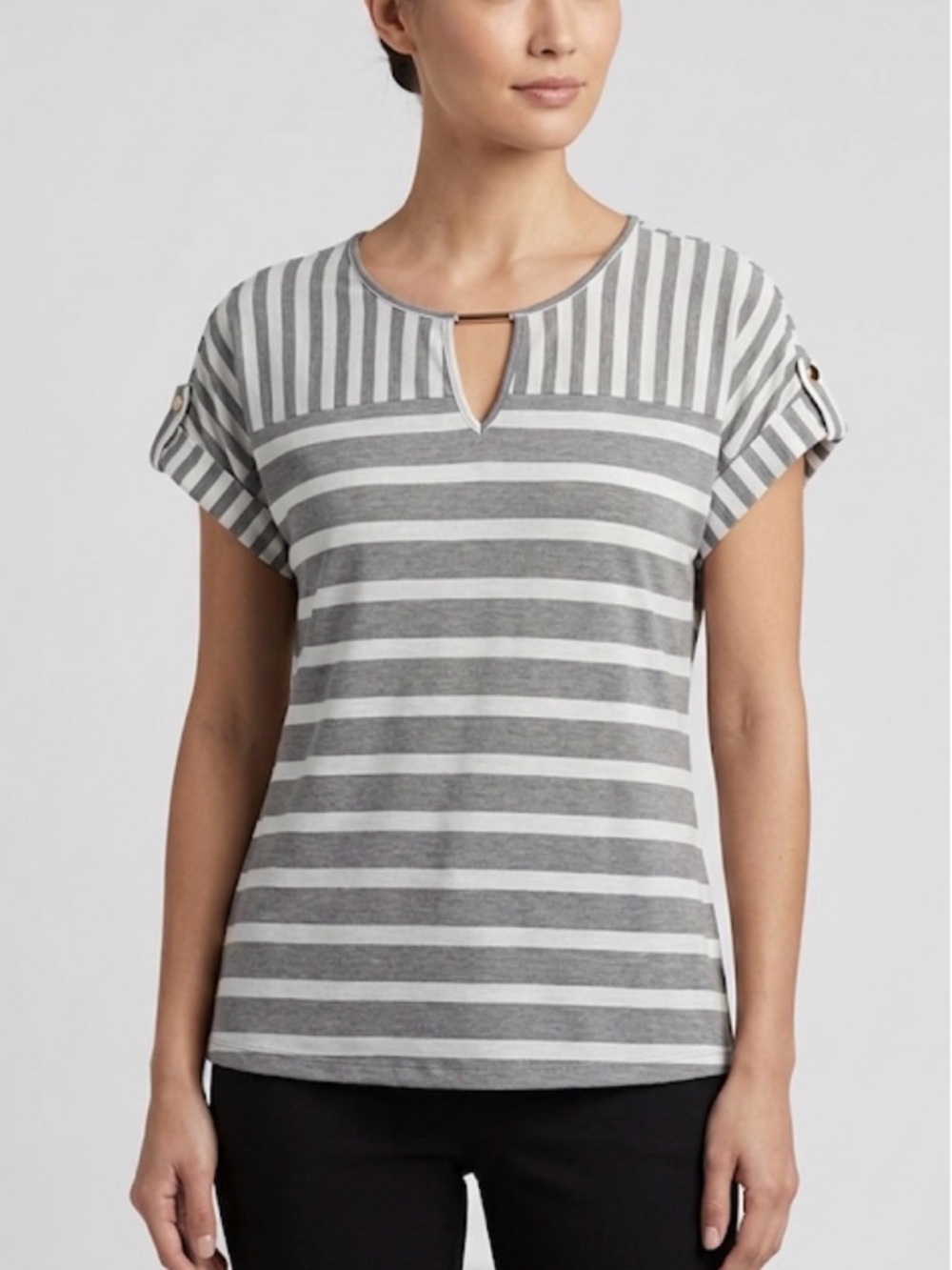AVA JAMES Striped Short Sleeve Tee, Women’s L, White Grey